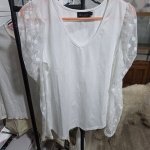 Go Couture Ivory Blouse with Sheer Polka Dot Sleeves